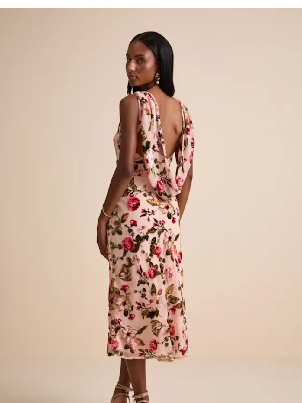 Lulus Florina Blush Floral Velvet Floral Burnout Cowl Back Midi Dress, NWT, SM
